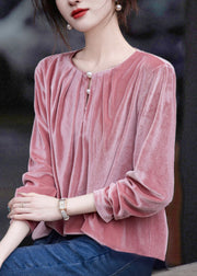 French Pink O Neck Wrinkled Velour Top Spring