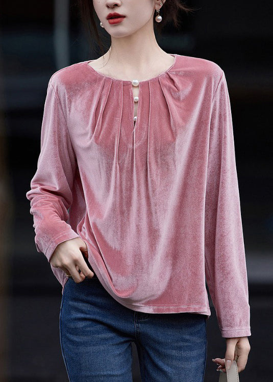 French Pink O Neck Wrinkled Velour Top Spring