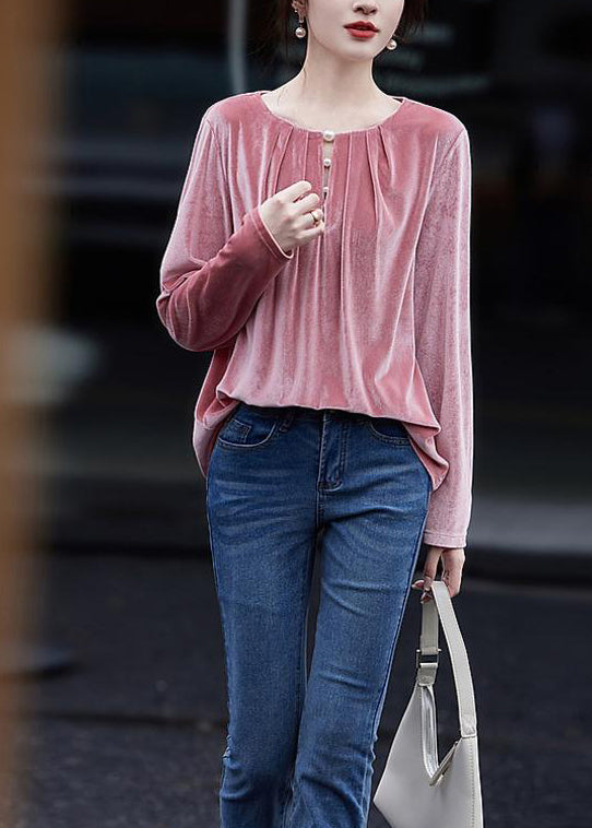 French Pink O Neck Wrinkled Velour Top Spring