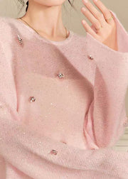 French Pink O Neck Zircon Sequins Thin Knit Top Spring