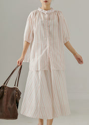 French Pink Oversized Striped Cotton Two Pieces Set Summer