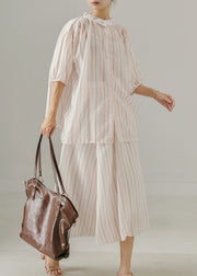 French Pink Oversized Striped Cotton Two Pieces Set Summer