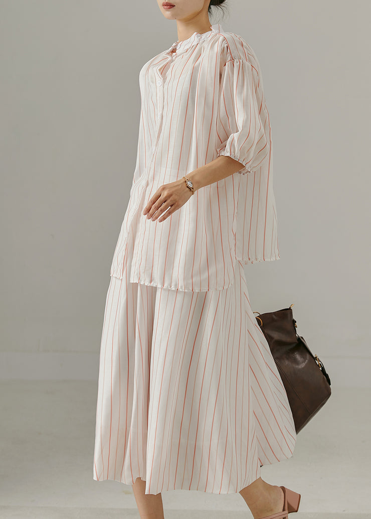 French Pink Oversized Striped Cotton Two Pieces Set Summer