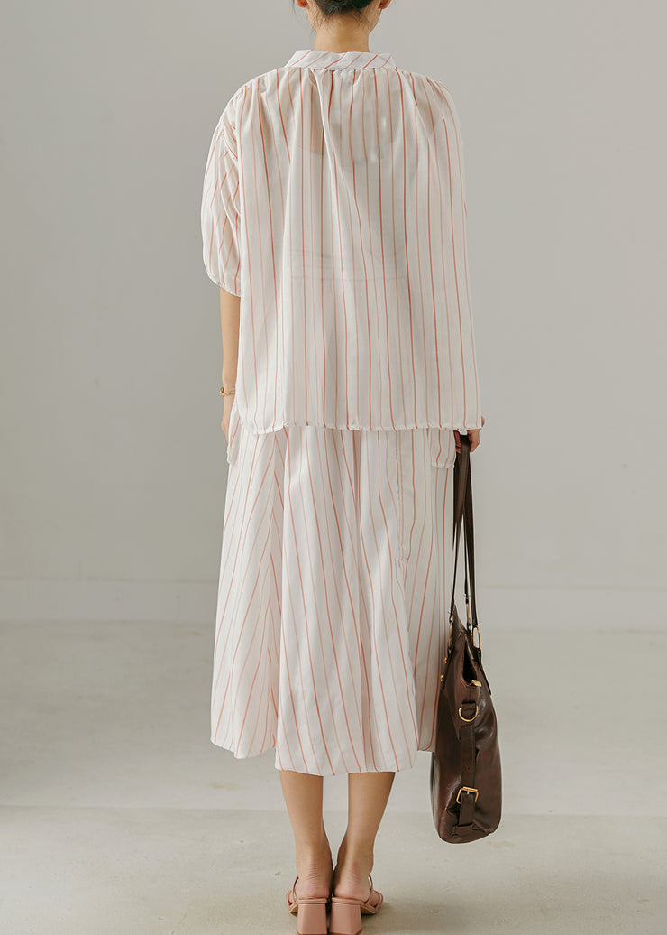 French Pink Oversized Striped Cotton Two Pieces Set Summer