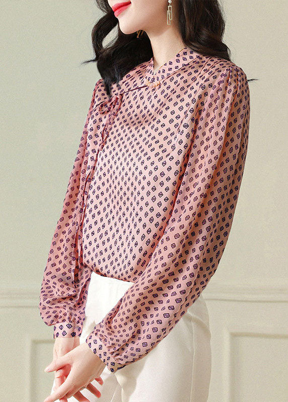 French Pink Patchwork Print Chiffon Blouse Top Spring