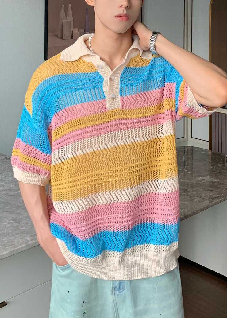 French Pink Peter Pan Collar Hollow Out Knit Men Polo Shirts Summer