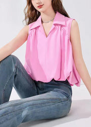 French Pink Peter Pan Collar Solid Cotton Shirt Sleeveless