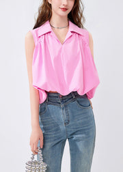 French Pink Peter Pan Collar Solid Cotton Shirt Sleeveless