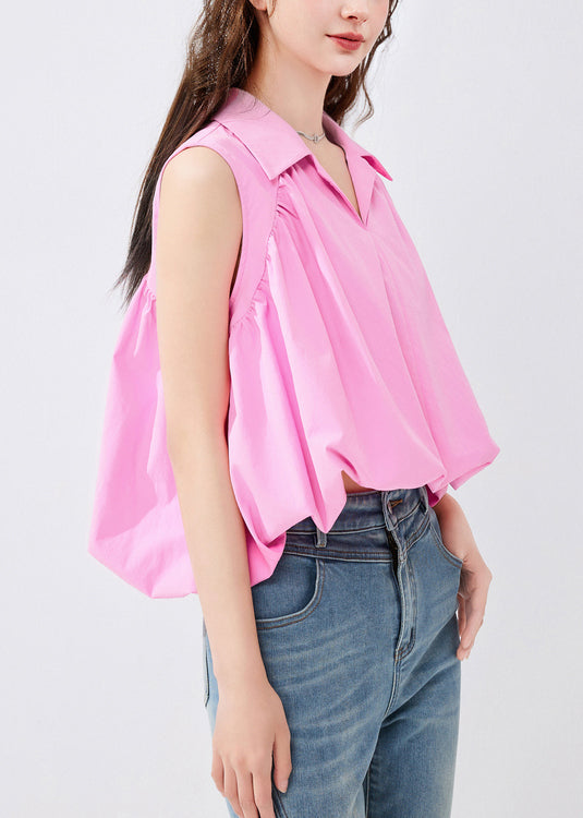 French Pink Peter Pan Collar Solid Cotton Shirt Sleeveless