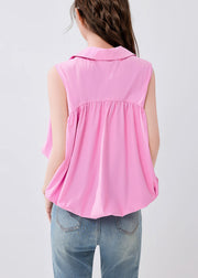 French Pink Peter Pan Collar Solid Cotton Shirt Sleeveless