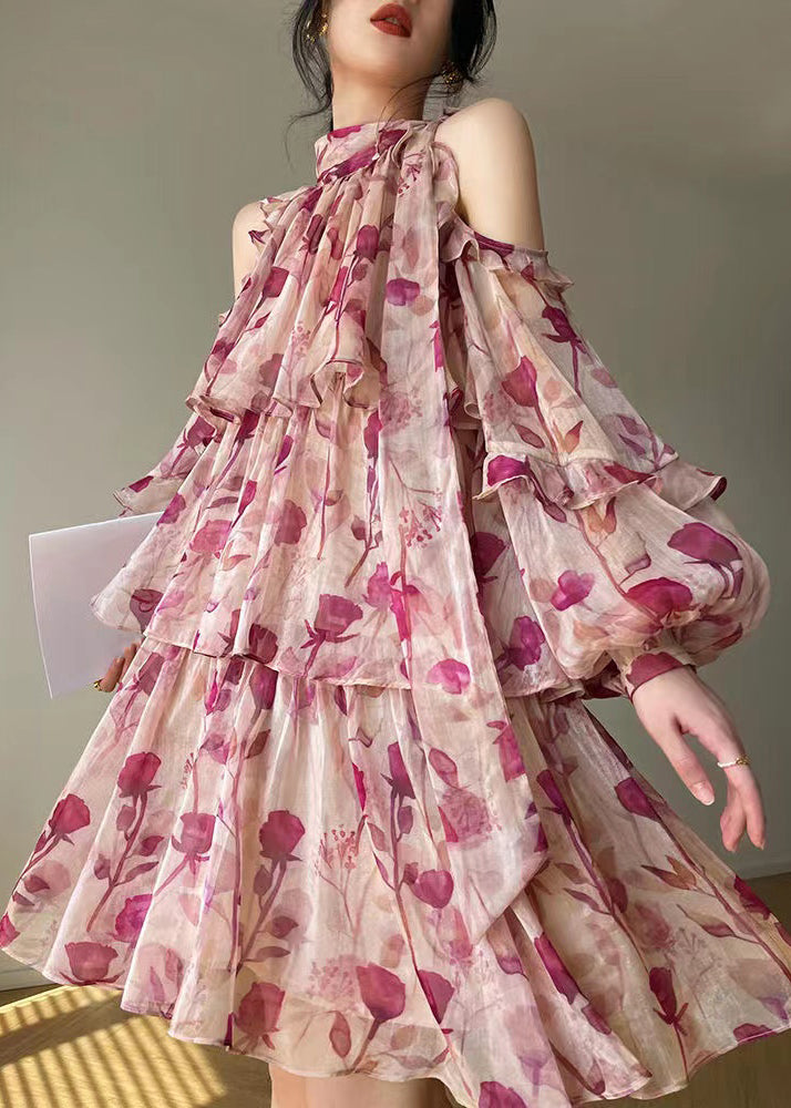 French Pink Print Ruffled Lantern Sleeve Cold Shoulder Dress