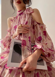 French Pink Print Ruffled Lantern Sleeve Cold Shoulder Dress