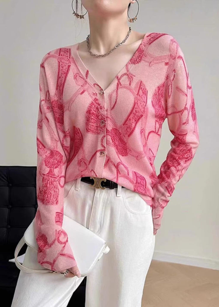French Pink Print V Neck Button Knit Tops Long Sleeve