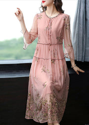 French Pink Ruffled Collar Embroideried Silk Maxi Dresses Flare Sleeve