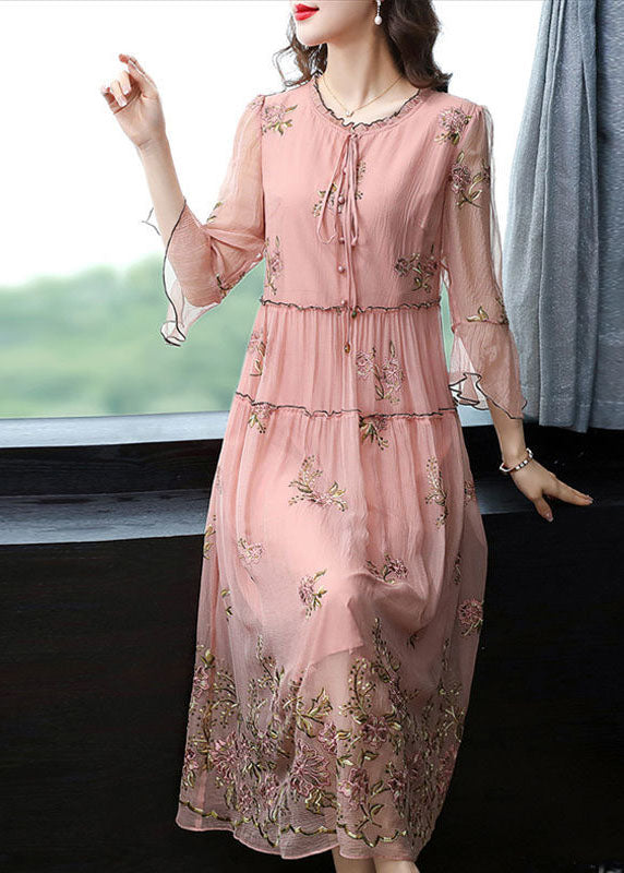 French Pink Ruffled Collar Embroideried Silk Maxi Dresses Flare Sleeve