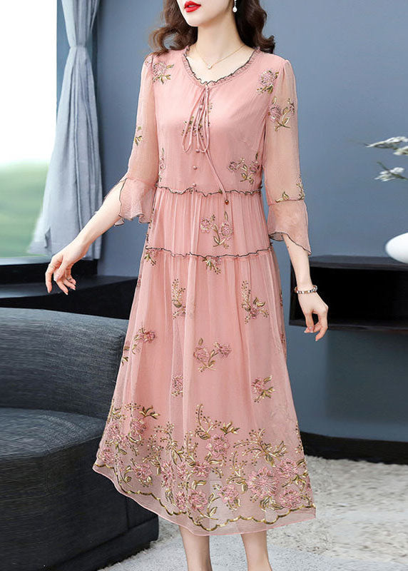 French Pink Ruffled Collar Embroideried Silk Maxi Dresses Flare Sleeve