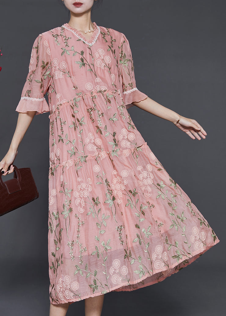 French Pink Ruffled Embroidered Silk Maxi Dresses Summer