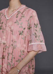French Pink Ruffled Embroidered Silk Maxi Dresses Summer