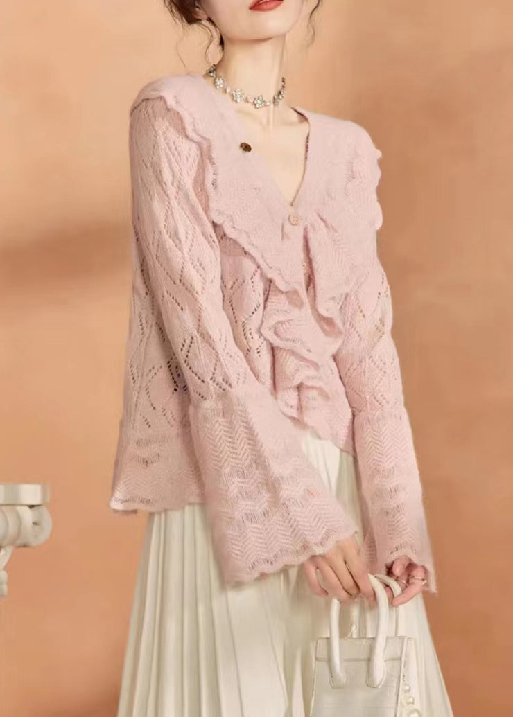 French Pink Ruffled Hollow Out Knit Sweaters Flare Sleeve