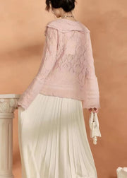 French Pink Ruffled Hollow Out Knit Sweaters Flare Sleeve