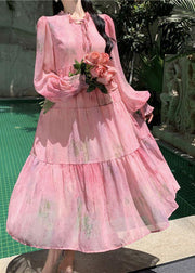 French Pink Ruffled Lace Up Patchwork Chiffon Dress Long Sleeve