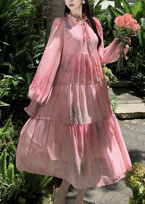 French Pink Ruffled Lace Up Patchwork Chiffon Dress Long Sleeve