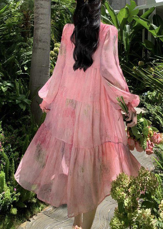 French Pink Ruffled Lace Up Patchwork Chiffon Dress Long Sleeve