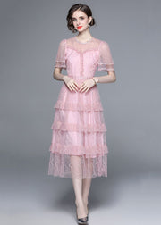 French Pink Ruffled Nail Bead Patchwork Tulle Long Dresses Summer