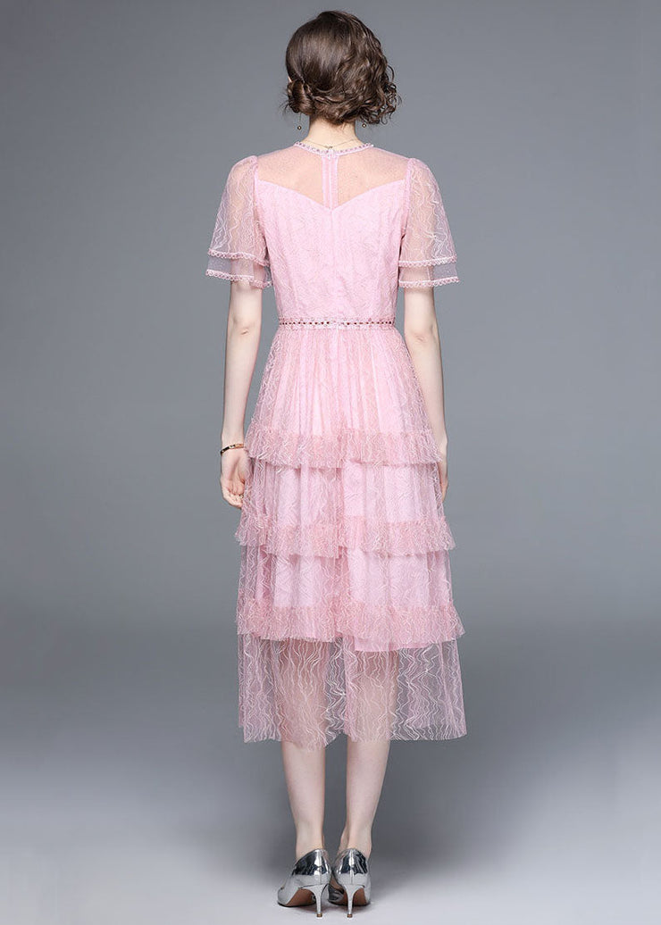 French Pink Ruffled Nail Bead Patchwork Tulle Long Dresses Summer