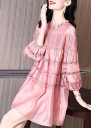 French Pink Ruffled Patchwork Lace Silk Dresses Saia Puff Sleeve