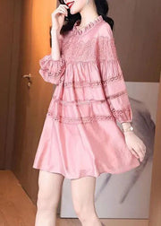 French Pink Ruffled Patchwork Lace Silk Dresses Saia Puff Sleeve