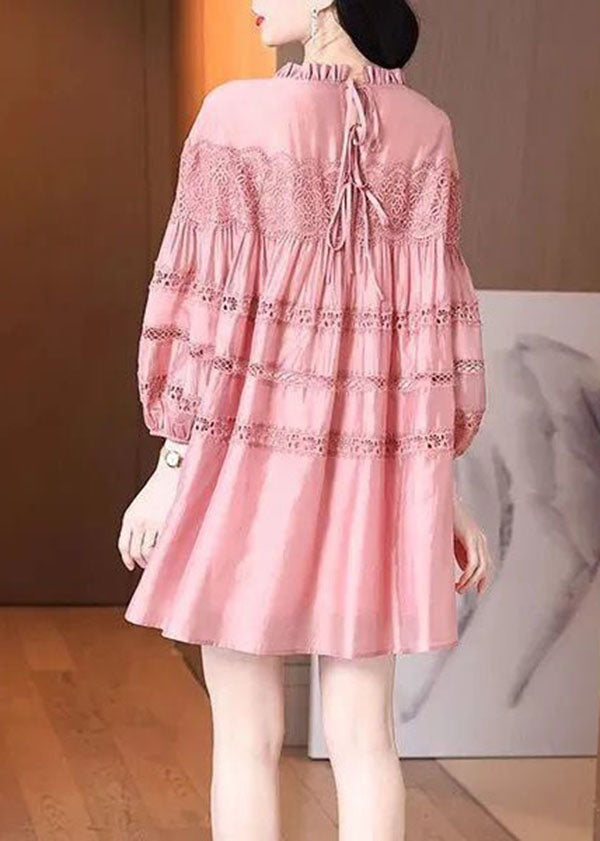 French Pink Ruffled Patchwork Lace Silk Dresses Saia Puff Sleeve