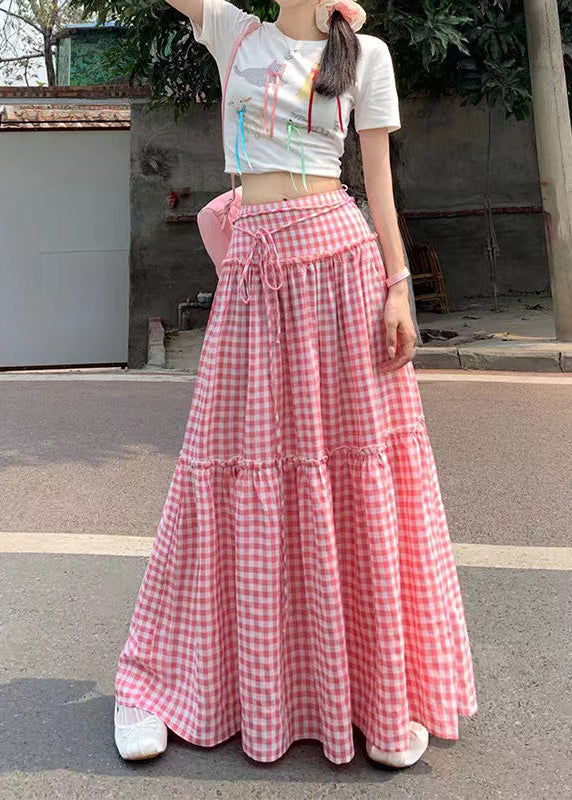 French Pink Ruffled Plaid Patchwork Cotton Skirts Summer