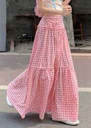French Pink Ruffled Plaid Patchwork Cotton Skirts Summer