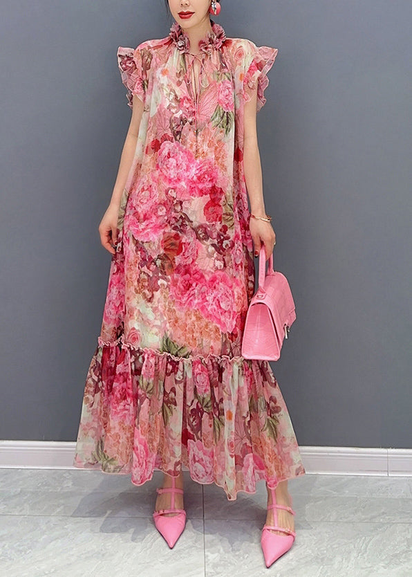 French Pink Ruffled Print Chiffon Dress Two Pieces Set Summer