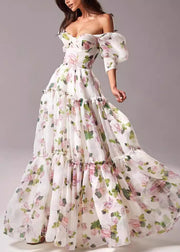 French Pink Ruffled Print Chiffon Long Dresses Summer