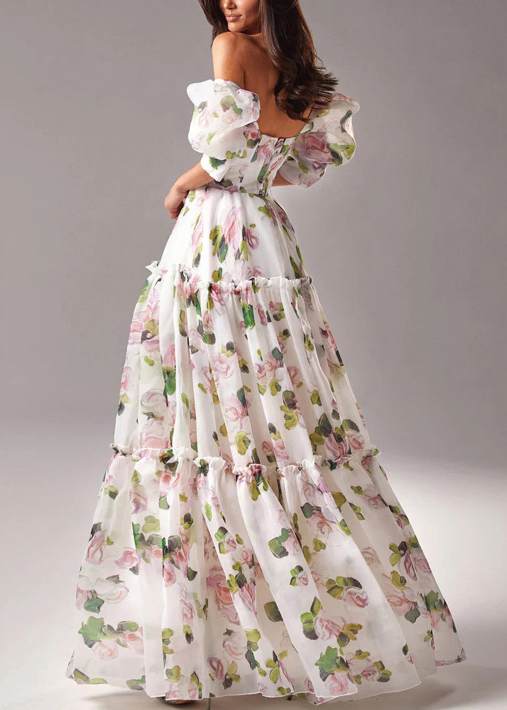 French Pink Ruffled Print Chiffon Long Dresses Summer