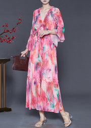 French Pink Ruffled Print Chiffon Party Dress Flare Sleeve