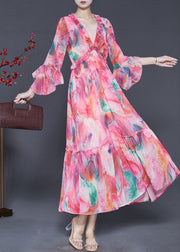 French Pink Ruffled Print Chiffon Party Dress Flare Sleeve