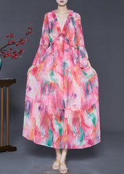 French Pink Ruffled Print Chiffon Party Dress Flare Sleeve