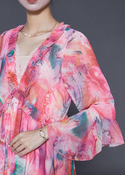 French Pink Ruffled Print Chiffon Party Dress Flare Sleeve