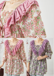 French Pink Ruffled Print Chiffon Shirt Top Spring