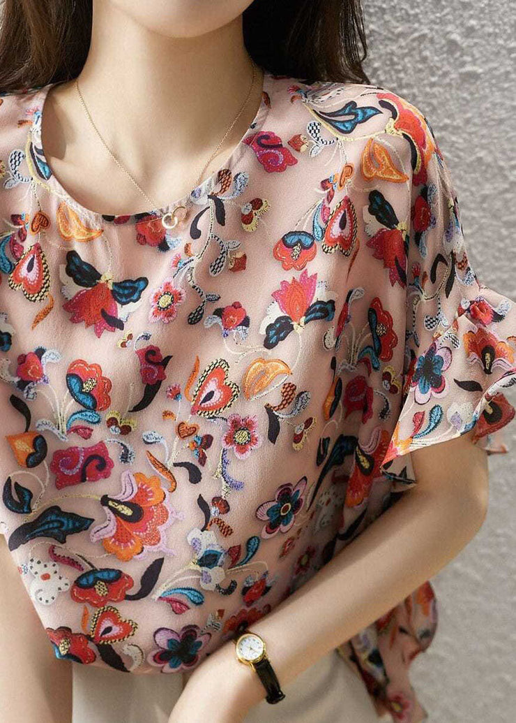 French Pink Ruffled Print Patchwork Silk Top Summer