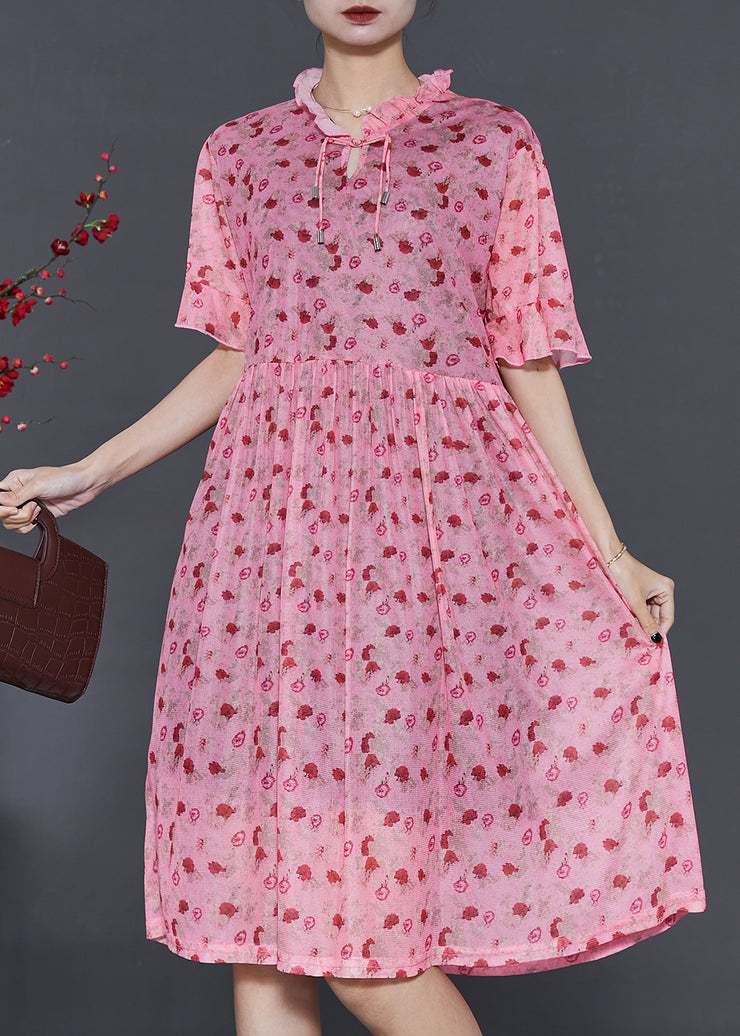 French Pink Ruffled Print Tasseled Chiffon Dress Summer