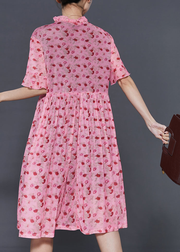French Pink Ruffled Print Tasseled Chiffon Dress Summer