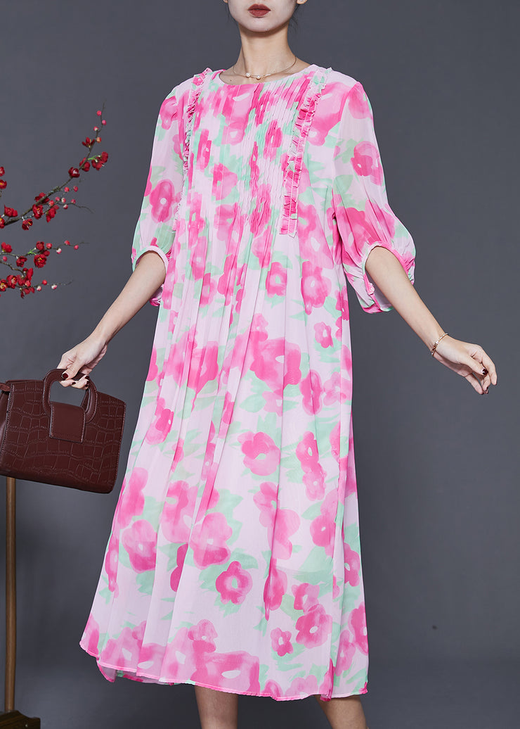 French Pink Ruffled Print Wrinkled Chiffon Long Dress Summer