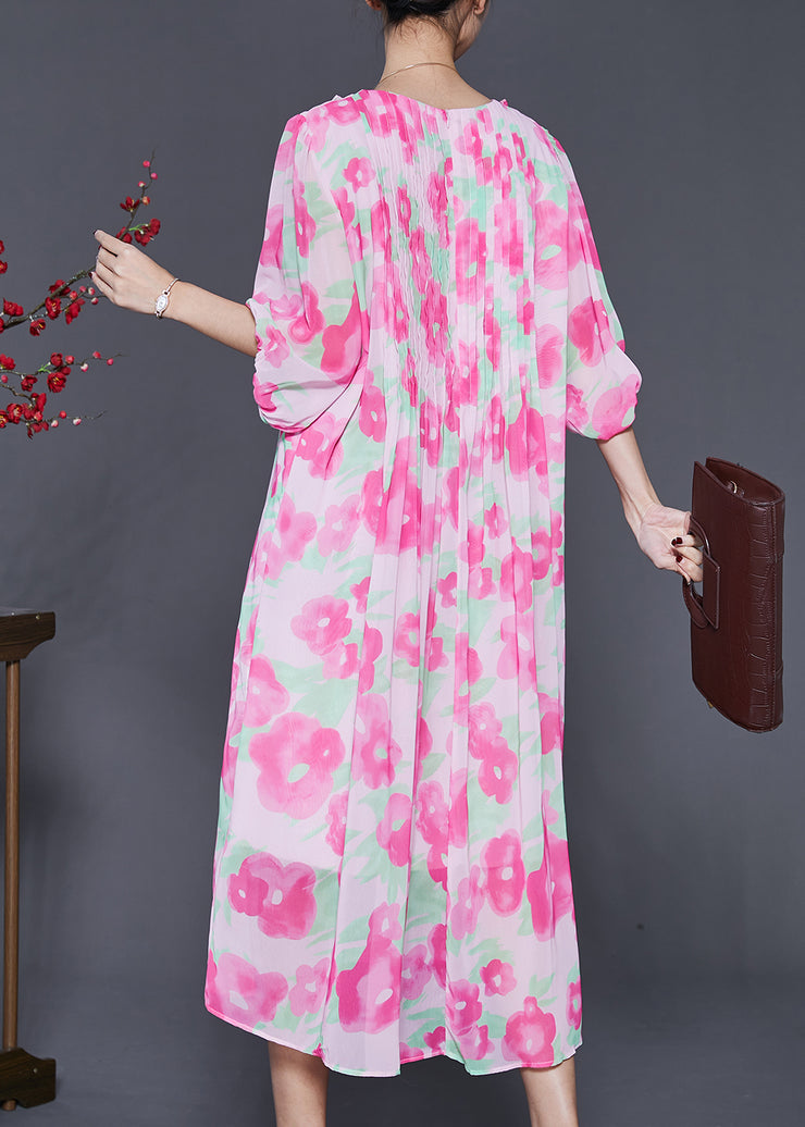 French Pink Ruffled Print Wrinkled Chiffon Long Dress Summer
