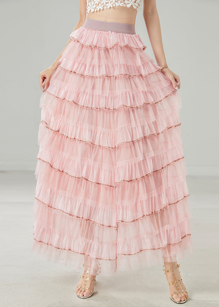 French Pink Ruffles Layered Tulle Vacation Skirt Spring