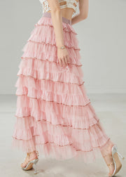 French Pink Ruffles Layered Tulle Vacation Skirt Spring