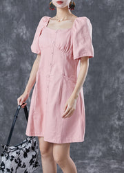 French Pink Square Collar Bustier Top Denim Mid Dresses Summer